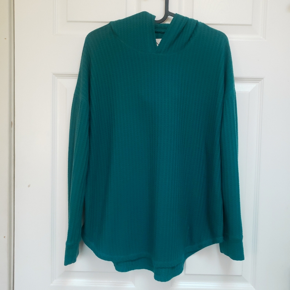 Chaser Teal Blue Green Waffle Knit Thermal Long Sleeve Hooded Shirt